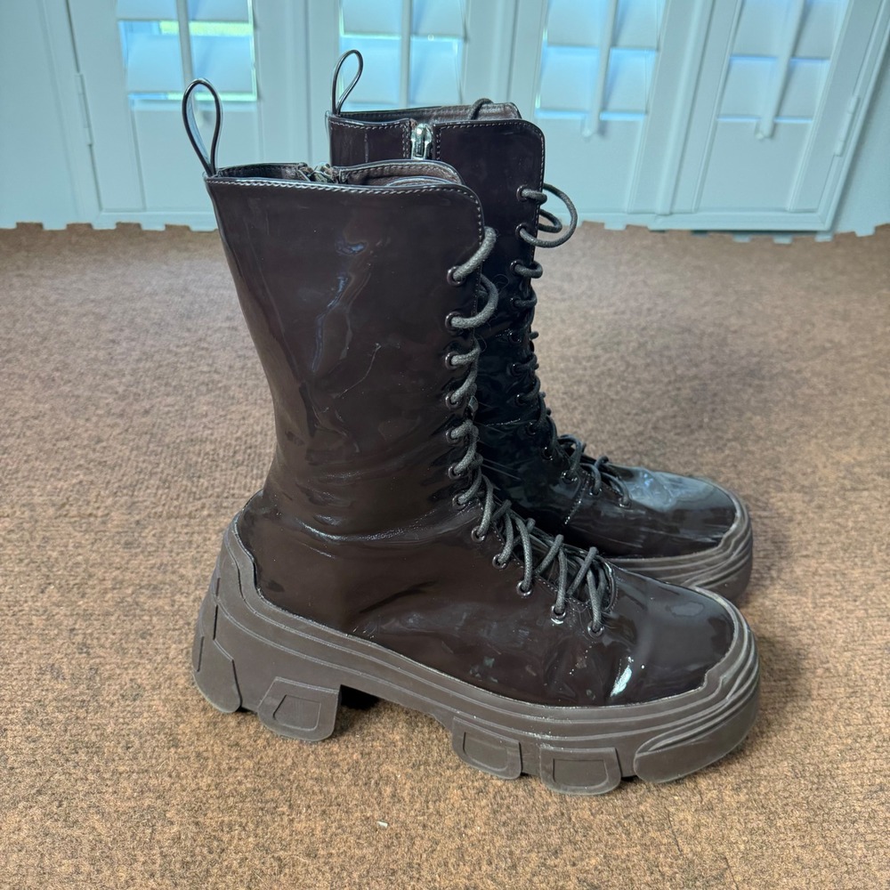 Fashion Nova Brown Patent Platform Lug Sole Combat Boots Mid Calf Lace Up Zip
